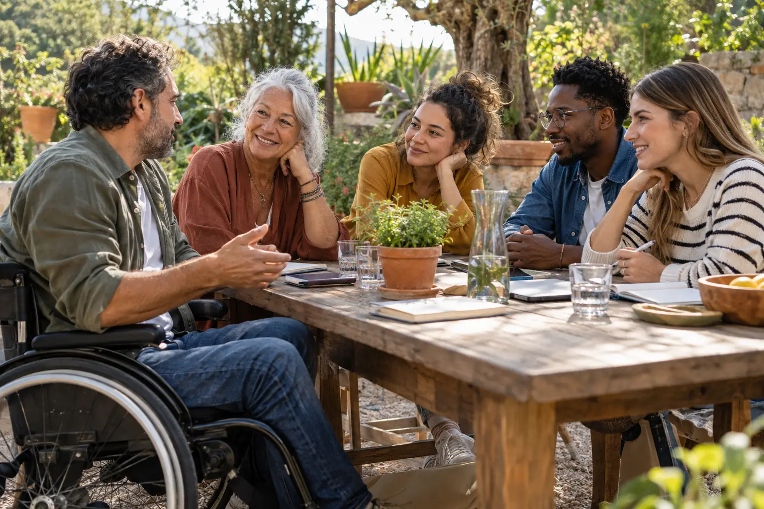 Escena ilustrativa de una conversación comunitaria intergeneracional inclusiva